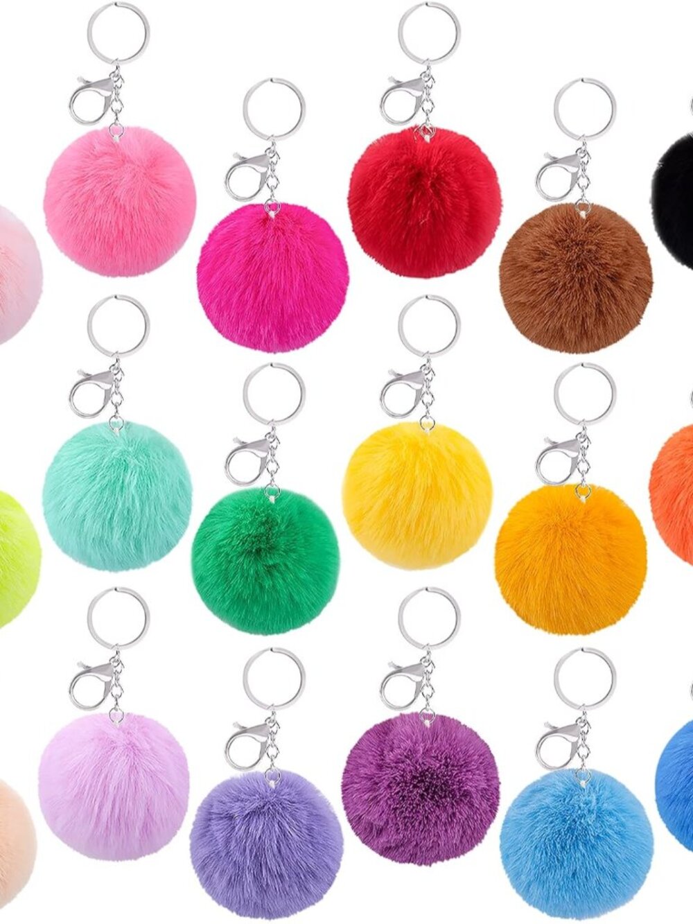 18 Pieces Pom Pom Keychains Rabbit Faux Fur Balls with Silvery Hooks